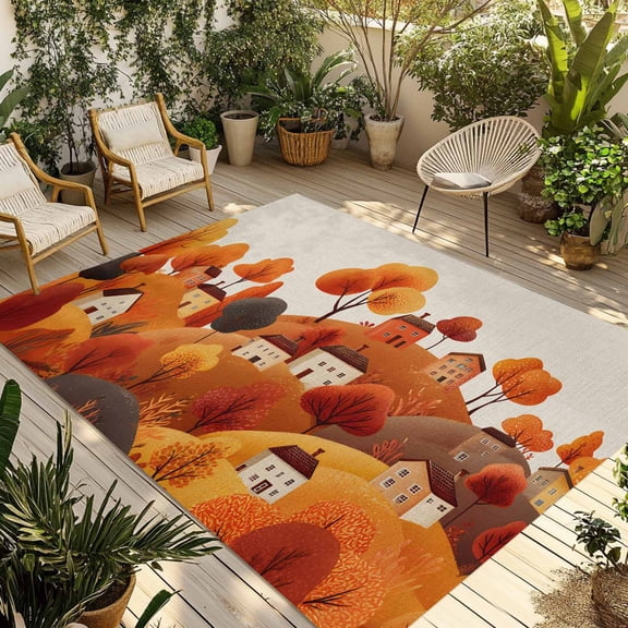 Autumn Hill Fall Outdoor Rug 4x6 Ft - Reversible Patio Rug Outdoor Camping Rugs, Thanksgiving Orange Trees Retro Country House Indoor Outdoor Area Rugs, Non-Slip Outdoor Carpet Runner for Deck/Porch