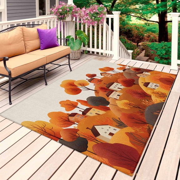 Autumn Hill Fall Outdoor Rug for Patio/Deck/Porch, Non-Slip Large Area Rug 4 x 6 Ft, Thanksgiving Orange Trees Retro Country House Indoor Outdoor Rugs Washable Area Rugs, Camping Rug Carpet Runner