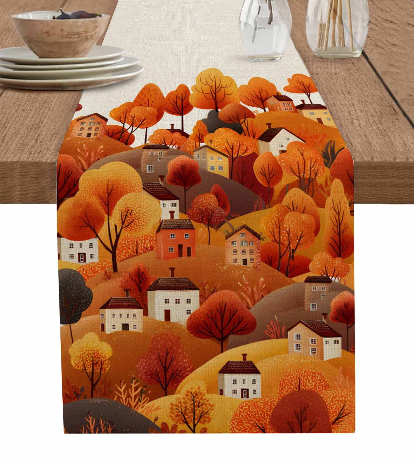 Autumn Hill Fall Table Runner 72 Inches, Thanksgiving Orange Trees ...