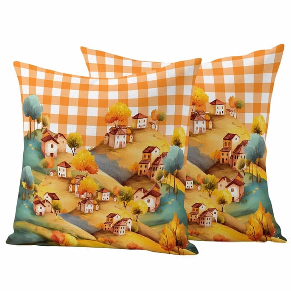 Autumn Hills Fall Outdoor Waterproof Pillow Covers, Thanksgiving Rustic Trees Orange Check Decorative Square Throw Pillowcase Sofa Cushion Sham for Patio/Couch/Chair, 16"x16" 2 Pack