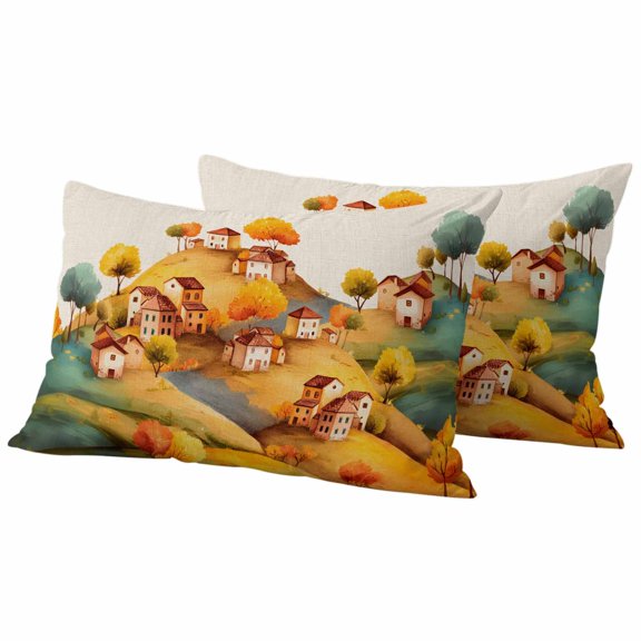 Autumn Hills Fall Outdoor Waterproof Pillow Covers, Thanksgiving Rustic Trees Retro Cartoon Decorative Rectangle Throw Pillowcase Sofa Cushion Sham for Patio/Couch/Chair, 20"x12" 2 Pack