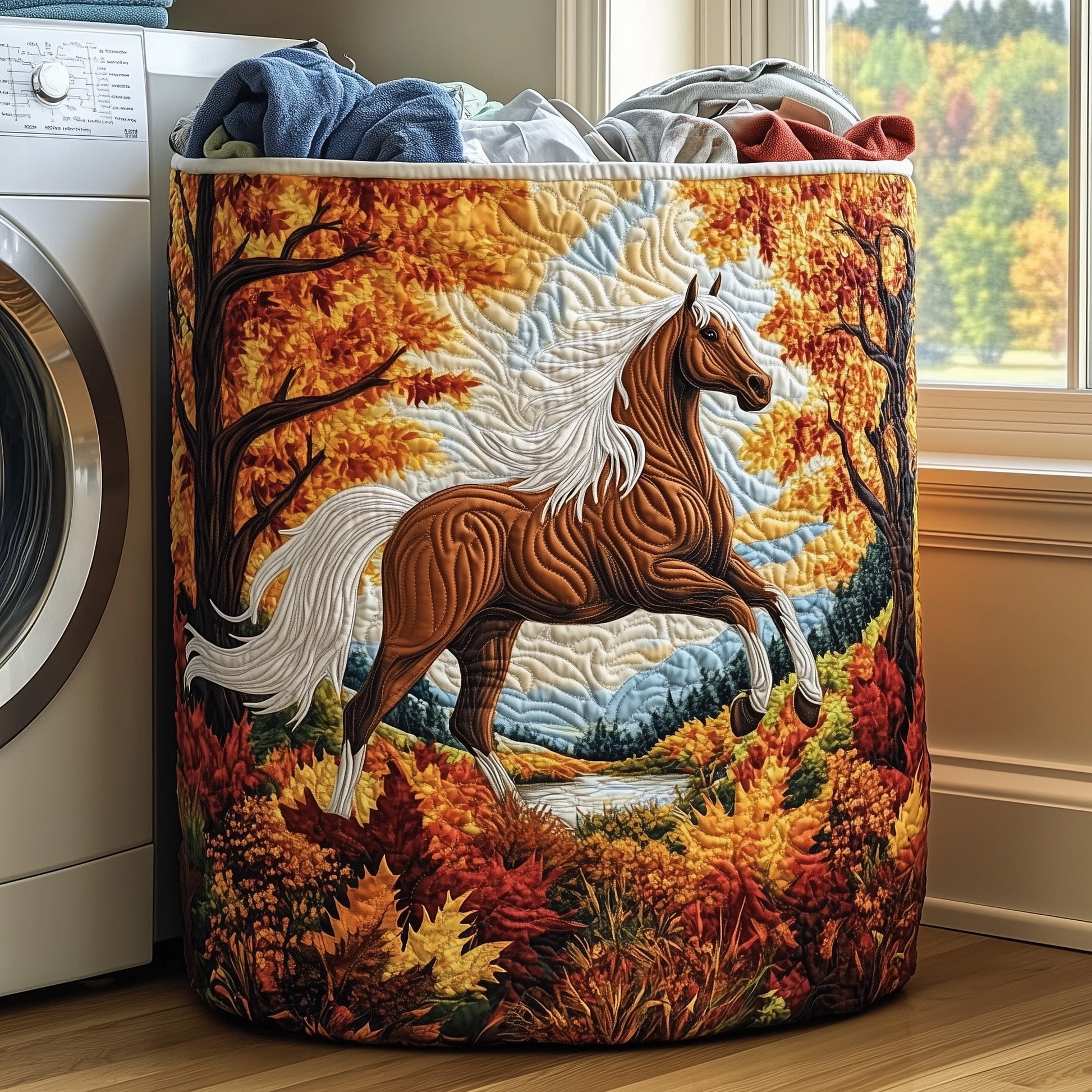Autumn Horse Gallop Quilted Laundry Basket, Storage Bin Laundry Basket Fabric, House Storage Hamper, Mother Day's Gift Ideas
