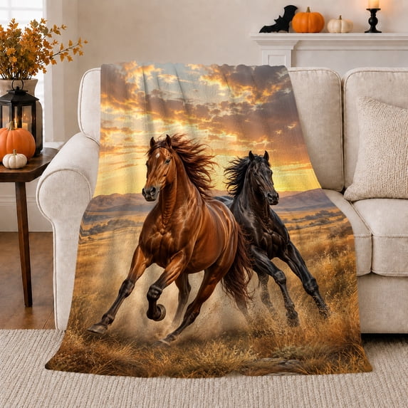 Autumn Horse Gallop Sunset Scene, Rustic Farmhouse Horse Scene, Warm Flannel Blanket for Ranch House and Living Room, Horse Lovers Thanksgiving Gift, Rustic Home Decor