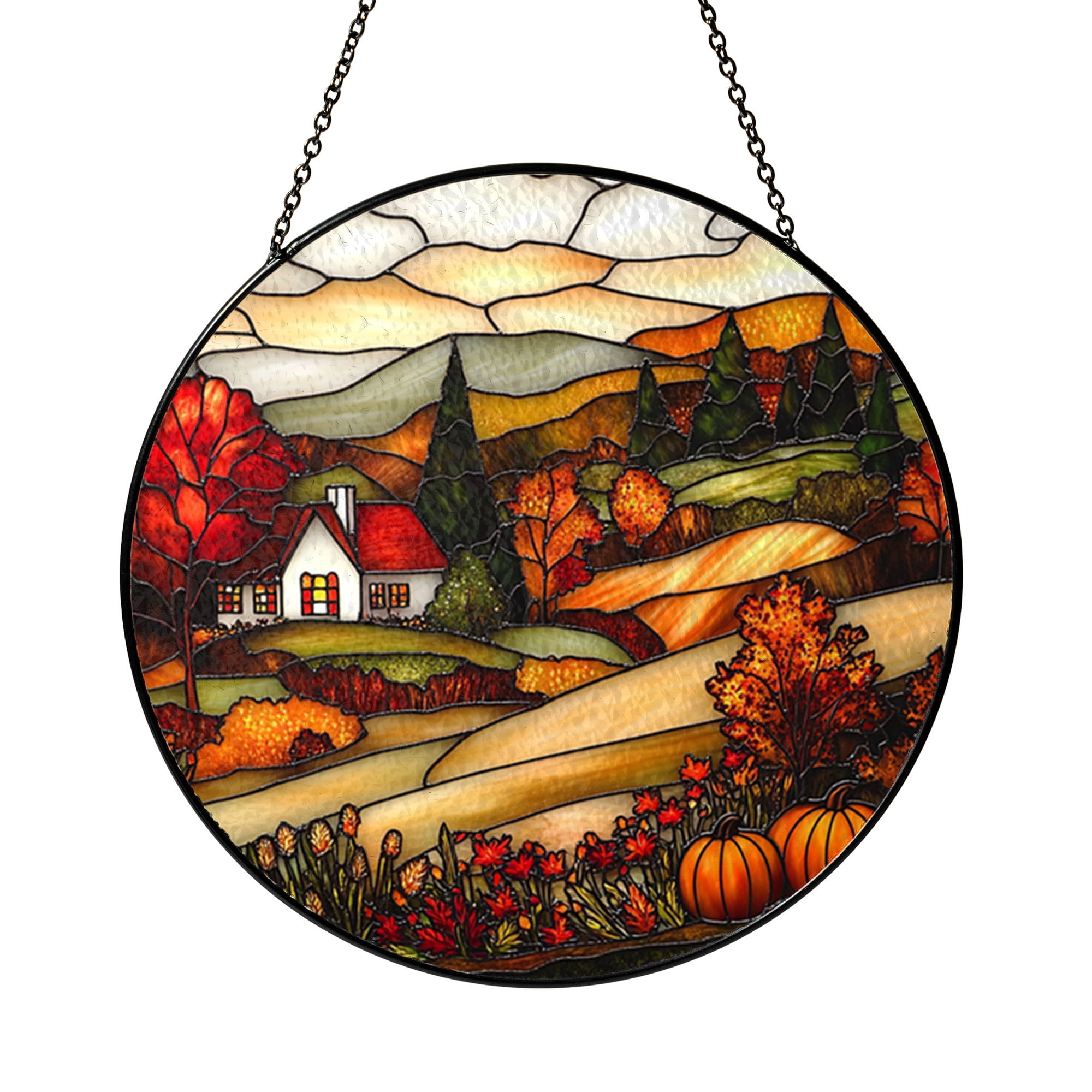 Autumn House Stained Glass Suncatcher Fall Leaves Window Hanging Rustic ...