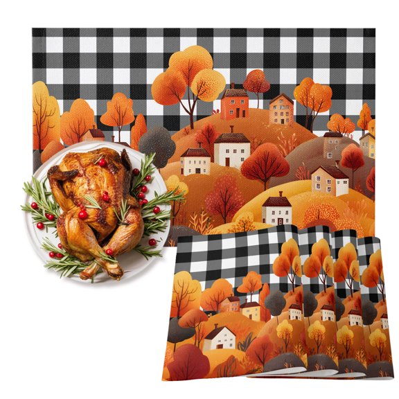 Autumn House Tree Hills Placemats Set of 6,Wipeable Washable Table Mats for Dining Tables, Cartoon Style Black White Plaid Place Mats for Kitchen Event Party Tabletop Decor