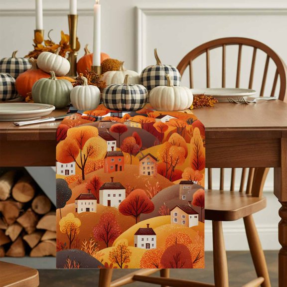 Autumn House Tree Hills Table Runner 13x36in Non-Slip Cotton Linen Table Runners, Cartoon Style Black White Plaid Dresser Scarves TableRunner for Dinner Kitchen Dining Wedding Party
