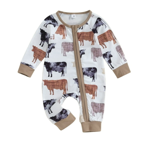 Autumn Infant Baby Boys Girls Western Jumpsuits 3M 6M 12M 3 Style Cow Head Floral Print Long Sleeve Zipper Romper