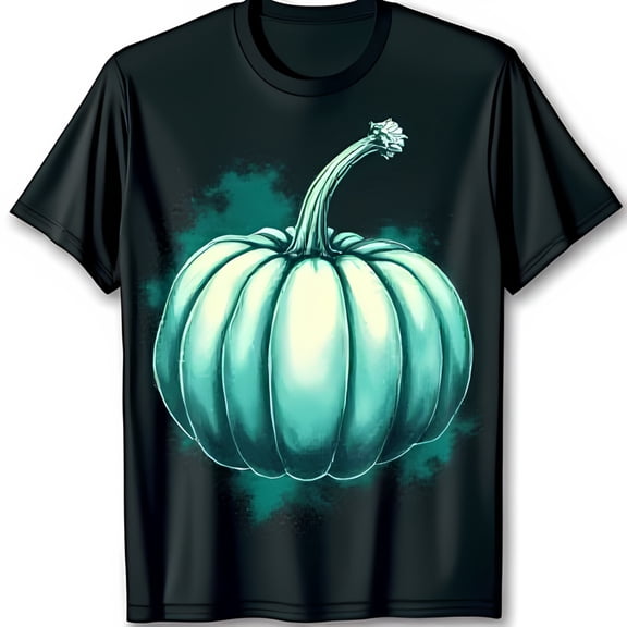 Autumn Inspired Black T-Shirt with Light Green Pumpkin Graphic on Watercolor Background