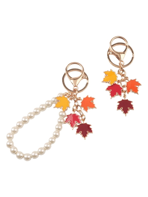 Autumn Inspired Metal Maple Leaves Keychain Jewelry Set Pearls Detailing Key Rings Bag Charm for Daily Use