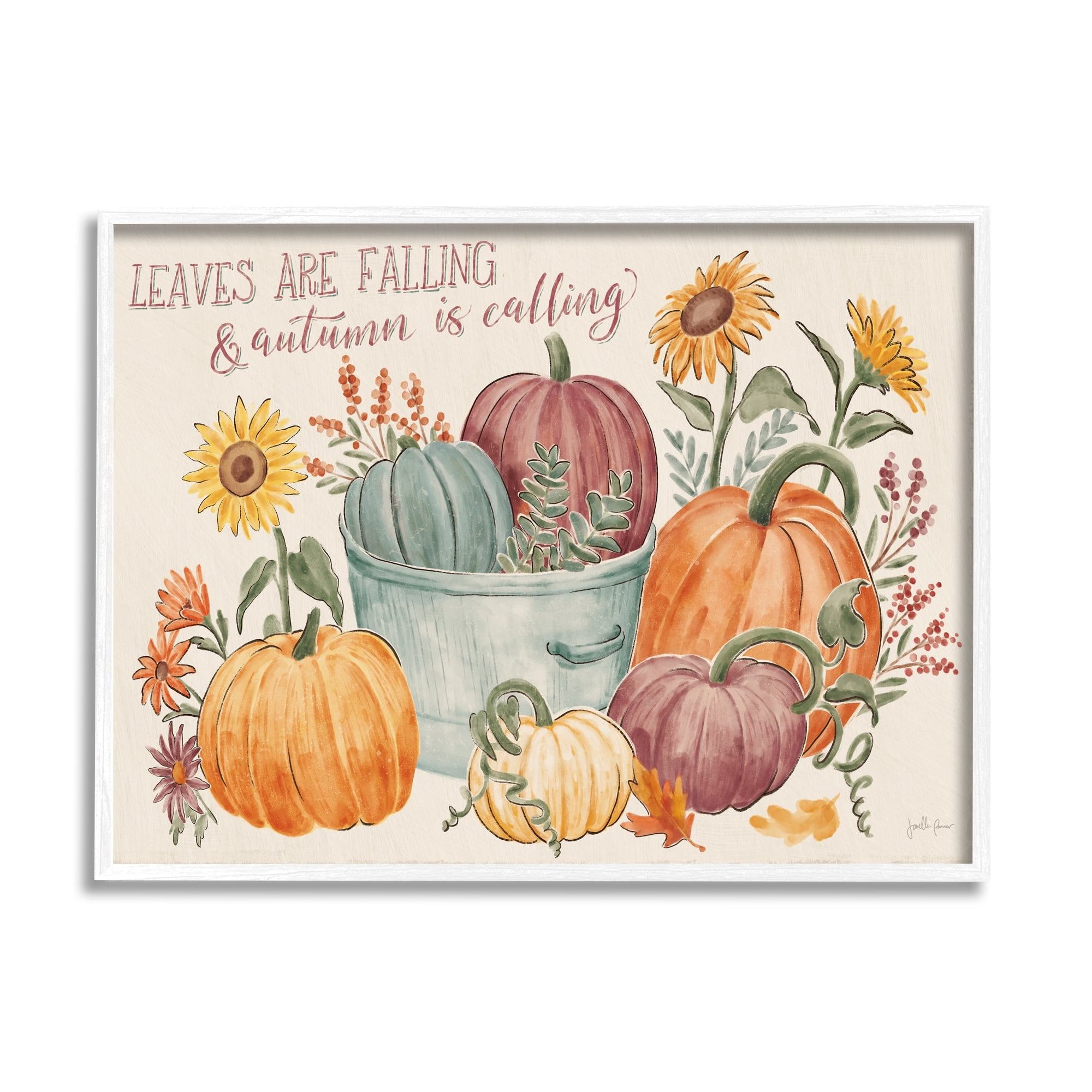 Autumn Is Calling Phrase Various Pumpkins Sunflowers Botanical & Floral Painting Framed Art Print Wall Art