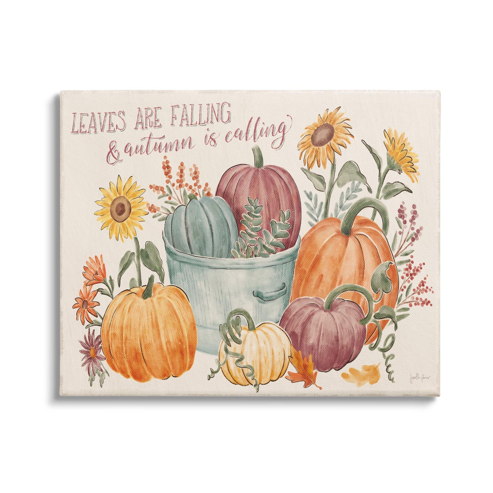 Autumn Is Calling Phrase Various Pumpkins Sunflowers Botanical & Floral Painting Gallery-Wrapped Canvas Print Wall Art