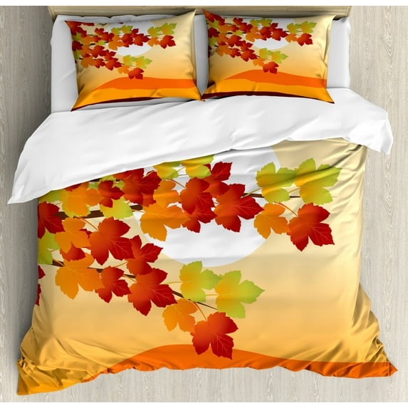 Autumn King Size Duvet Cover Set, Fall Season Landscape in Warm Tones Maple Tree Branches Sundown on Abstract Backdrop, Decorative 3 Piece Bedding Set with 2 Pillow Shams, Multicolor, by Ambesonne