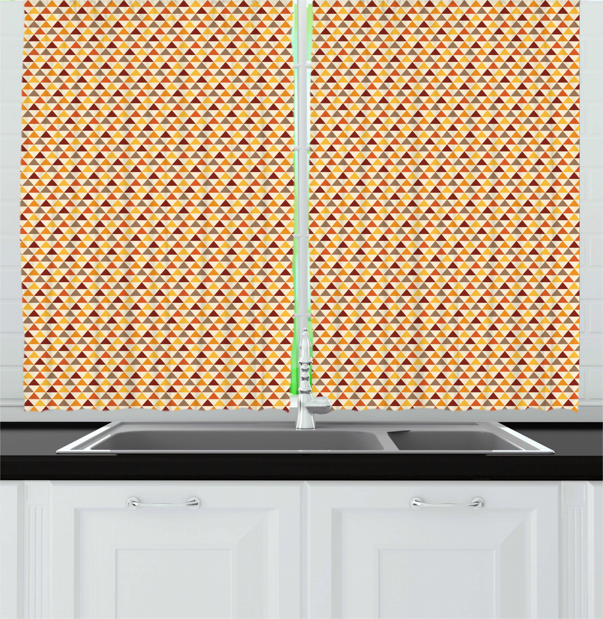 thumbnail image 1 of Autumn Kitchen Curtains, Retro Earthy Nature Tones Repeating Triangle Pattern Geometric Arrangement, Two Panels Drapes with Rod Pocket Room Decor, 55" X 45", Burnt Orange Cocoa, by Ambesonne, 1 of 1