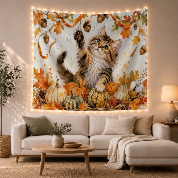 Autumn Kitten with Pumpkins, Cheerful Whimsical Watercolor for Cat Lovers, Nature Inspired Wall Art, Thanksgiving Hostess Gift, Tapestry Wall Hanging for Living Room and Bedroom