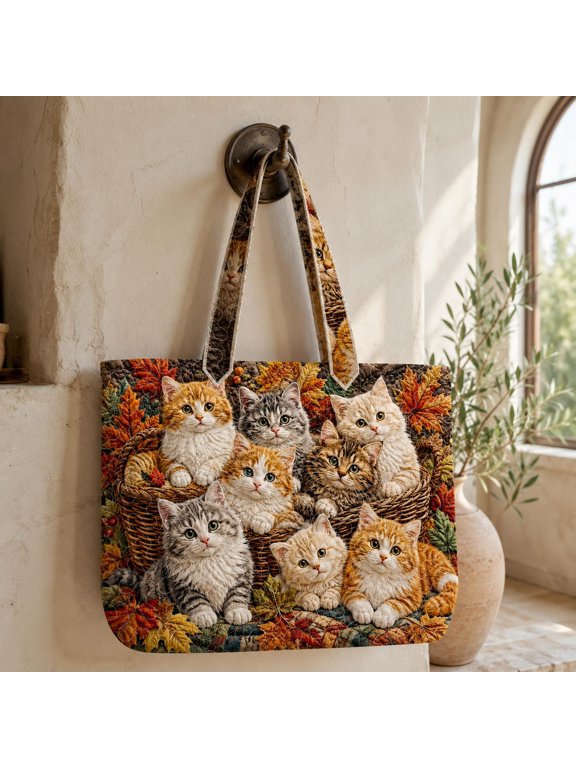 Autumn Kitten Quilted Tote Bag, Nature-Inspired Fall Cat Tote Bag, Cute Cat Lover Shoulder Bag, Cozy Pet Gift for Her