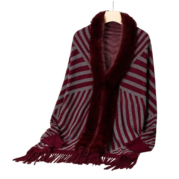 Autumn Knit Striped Cardigan for Women Long Sleeve Loose Open Front Sweater Ponchos Capes Furry Collar Shrug Shawl Cloak