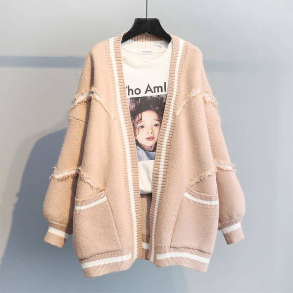 Autumn Korean version English letters fashion thickened knitted mid-length sweater cardigan women High Street Loose Fit coat