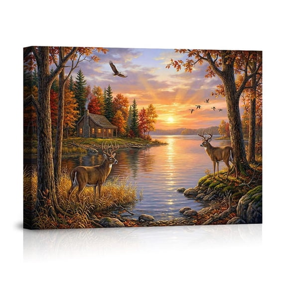 Autumn Lake Cabin Deer Eagle Scenic Landscape Canvas