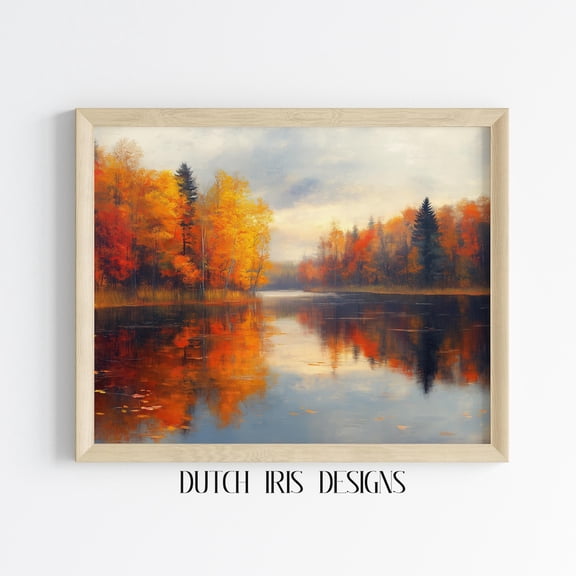 Autumn Lake Reflection, Rustic Fall Landscape Art, Tranquil Water Scene, Cottagecore Autumn Decor, Nature Print 766 Home Decor #1842, Unframed Canvas Size 8x12