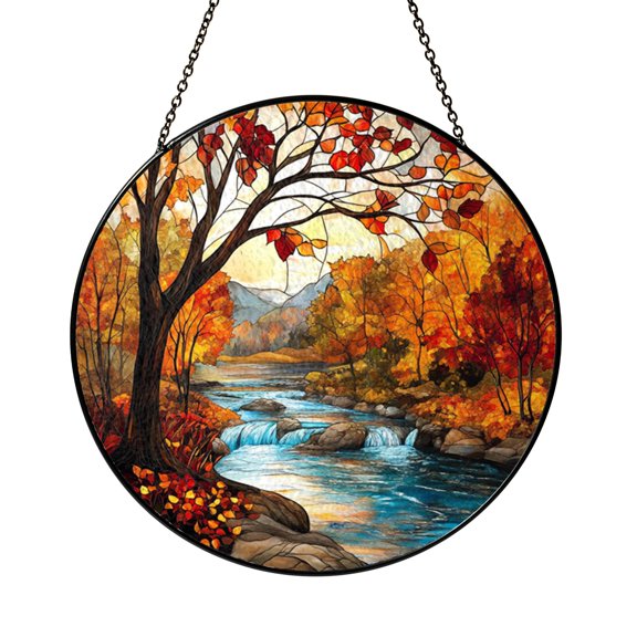 Autumn Lake Stained Glass Style Suncatcher, Fall Landscape Window Hanging Decor, Rustic Cabin Inspired Decorative Glass Art Panel