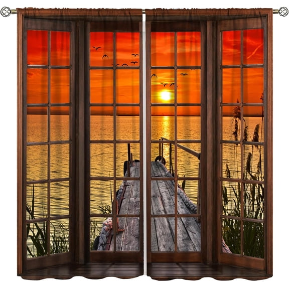 Autumn Lake Sunset View Curtains,Botanical Reeds Birds Rod Pocket Soundproof Window Curtains for Bedroom Living Room 2 Panel 84x84 Inch