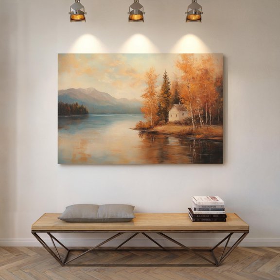 Autumn Lakeside Cabin Cozy Poster Fall Landscape Wall Art With Reflections , Poster Print Only