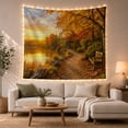 thumbnail image 1 of Autumn Lakeside Path Beside a Sunset Gazebo, Nostalgic Illustration for Nature Lovers, Seasonal Wall Art, Housewarming Gift, Tapestry Wall Hanging for Bedroom and Living Room, 1 of 7