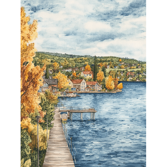 Autumn Lakeside Village Canvas Print/Wall Art Perfect for Living Room Bedroom Office Hallway and Dining Room Decoration.