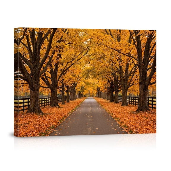 Autumn Landscape Art Fall Foliage Tree Lined Road Golden Leaves Nature Rustic Farmhouse Decor Living Room
