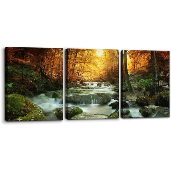 Autumn Landscape Canvas Wall Art Wooded Stream in Autumn Pictures Prints Poster Home Decor Modern Artwork for Walls Paintings Home Office Wall Decor Stretch Framed Ready to Hang - 12" x 16" x 3 Panels