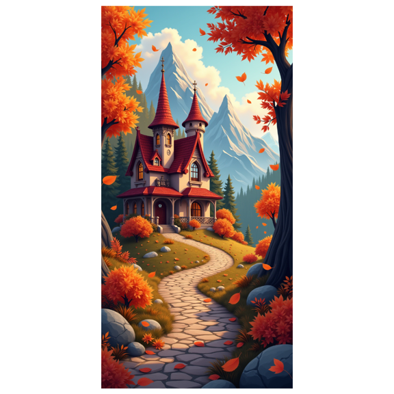 Autumn Landscape Fantasy Castle Banner for Home Decor Nature Lovers Seasonal Display