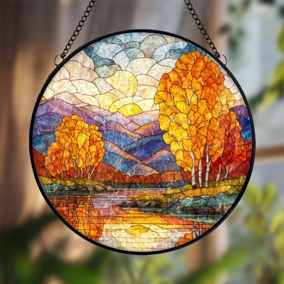 Autumn Landscape Glass Suncatcher v6, Fall Trees Window Art, Nature ...