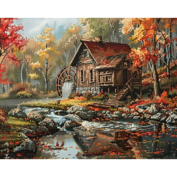 Autumn Landscape Mill Fall Trees DIY 11CT Stamped Cross Stitch Kits for Beginners Easy Needlepoint Embroidery Counted Cross Stitch Art Craft for Wall Decoration 12x16inch(8)