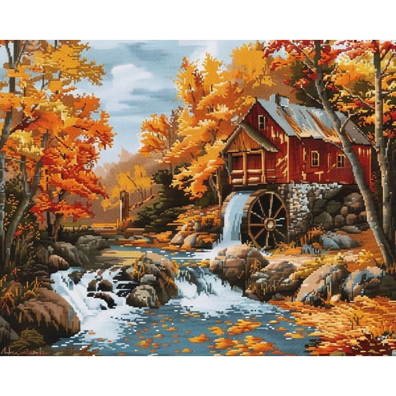 Autumn Landscape Mill Fall Trees DIY 11CT Stamped Cross Stitch Kits for Beginners Easy Needlepoint Embroidery Counted Cross Stitch Art Craft for Wall Decoration 20x28inch(5)