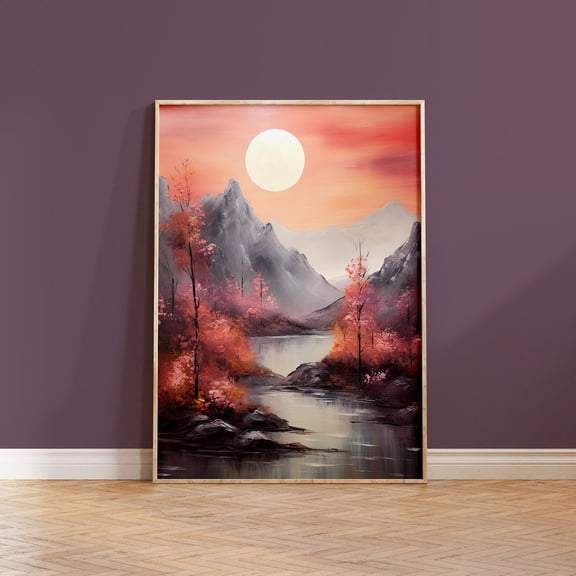 Autumn Landscape Red Sunset Mountain Scenery Wall Art, Stretched Canvas 12x16in