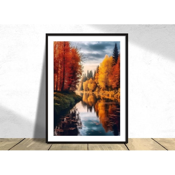 Autumn Landscape Seasons Poster Colourful Graphic Art River Forest Illustration, Unframed Canvas 8x10in