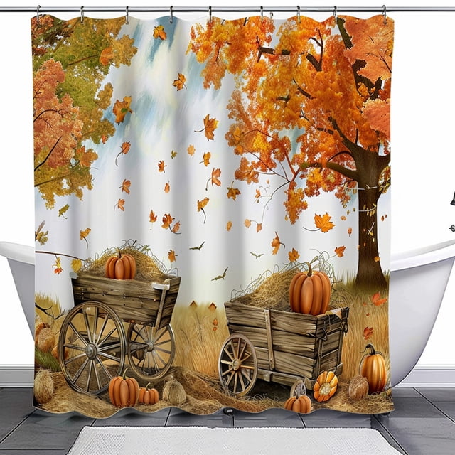 Autumn Landscape Shower Curtain Set with Trees Pumpkins and Hay White