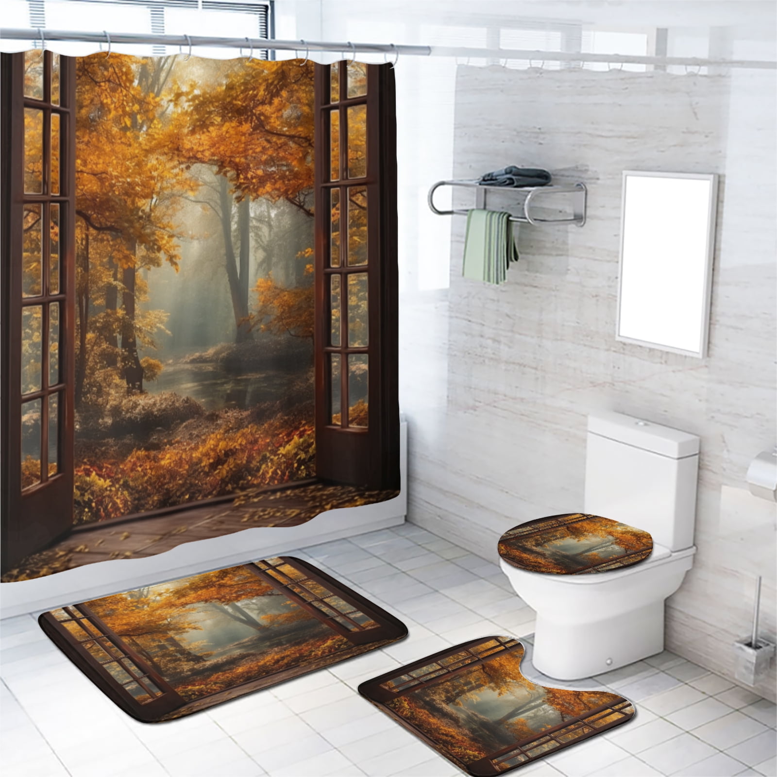 Autumn Landscape Shower Curtain Sets Nature Scenery View Fall Forest Tree Rustic Wooden Door with Non-Slip Rugs, Toilet Lid Cover and Bath Mat for Bathroom Decor Set, 72x72 Inch