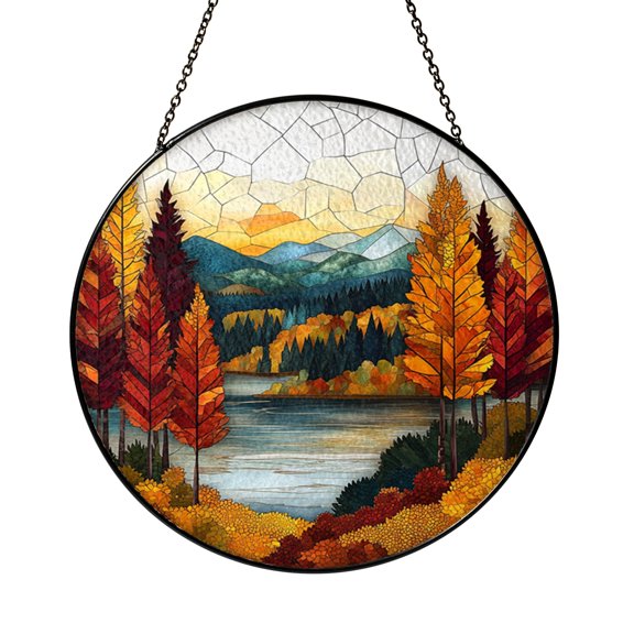 Autumn Landscape Stained Glass Window Hanging, Peaceful Fall Tree View Suncatcher Decor
