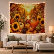 Autumn Landscape with Sunflowers and Pumpkins in Forest Sunset, Cozy Rustic for Nature Lovers, Harvest Wall Art, Thanksgiving Gift, Tapestry Wall Hanging for Bedroom and Living Room