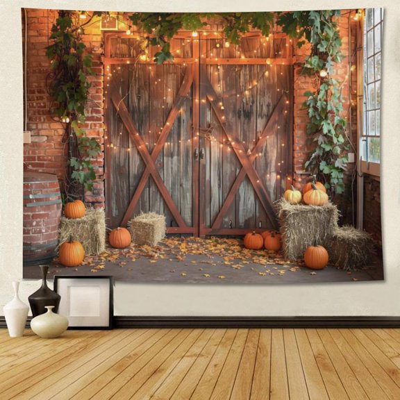 Autumn Landscape Tapestry Wall Hanging Barn Hay Pumpkins Tapestry 60x90 Inch Fall Nature Tapestries for Bedroom Living Room Dorm Decor
