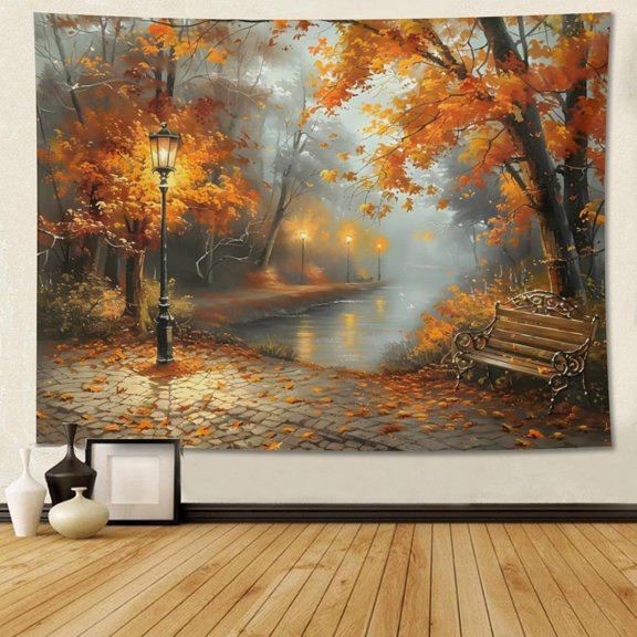 Autumn Landscape Tapestry Wall Hanging Fallen Leaf Park Street Lamp Tapestry 60x90 Inch Fall Nature Tapestries for Bedroom Living Room Dorm Decor