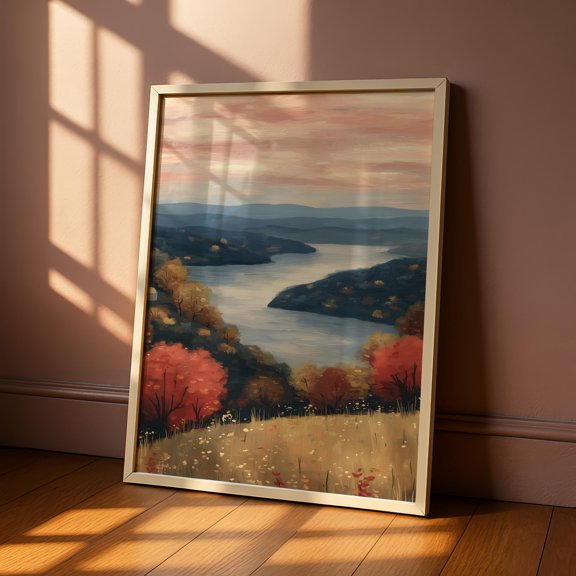 Autumn Landscape Wall Art Print, Fall Lake & Mountain Poster, Cozy Rustic, Countryside Painting for Living Room Gallery Wall, Poster Only