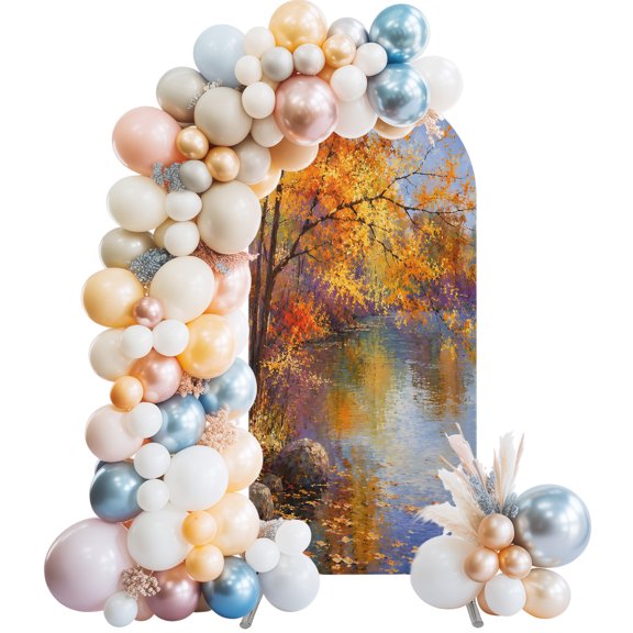 Autumn Landscape Wedding Arch Cover 5FT Rustic Orange Maple Trees Peaceful Lake Arch Backdrop Cover Round Top Chiara Backdrop Stand Covers for Party Birthday Ceremony Decor