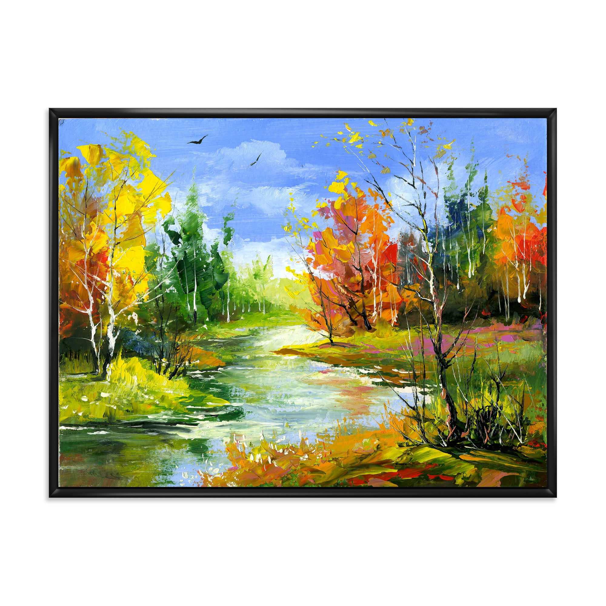 Autumn Landscape With Forest and River 32 in x 16 in Framed Painting Canvas Art Print, by Designart