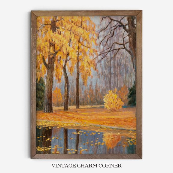 Autumn Landscape Yellow Leaves Reflection Unframed Paper Print