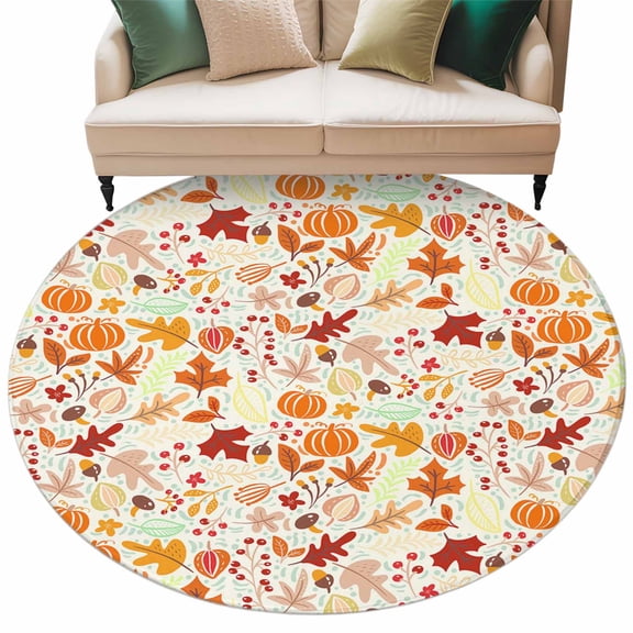 Autumn, Large Area Rugs for Bedroom Living Room, Soft Non Slip Carpet Bedside Rug, Fall Pumpkins Maple Leaves Cartoon Art Decor Round Floor Cover Kitchen Accent Rug 7' for Dining Room/Office