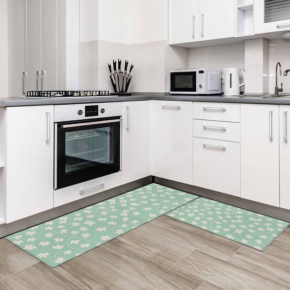 Autumn Leaf 2 Pieces Non-Slip Kitchen Mat Set Green Maple Fallen Leaves Solid Color Soft Door Mat with Rubber Backing,Dirtproof Rugs for Entrance Doorway 19.7x31.5in+19.7x63in