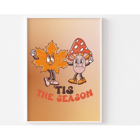 Autumn Leaf And Toadstool Character Print Funky Retro Autumn Mushroom October Home Decor A