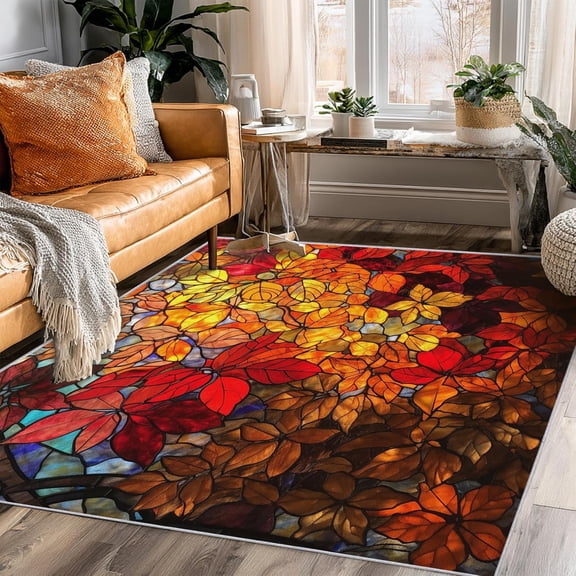 Autumn Leaf Area Rugs, Stained Glass Plant Carpet, Washable Non Slip Low Pile Soft Rug for Bedroom Living Room Decor Mat 3ftx5ft